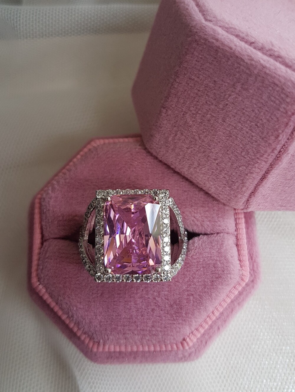 Swarovski Elements 925 Sterling Silver Pink Sapphire Halo Statement Ring NEW